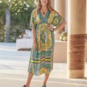 Sundance Multicolor Paisley Midi Dress Dolman Sleeves Silky Babydoll